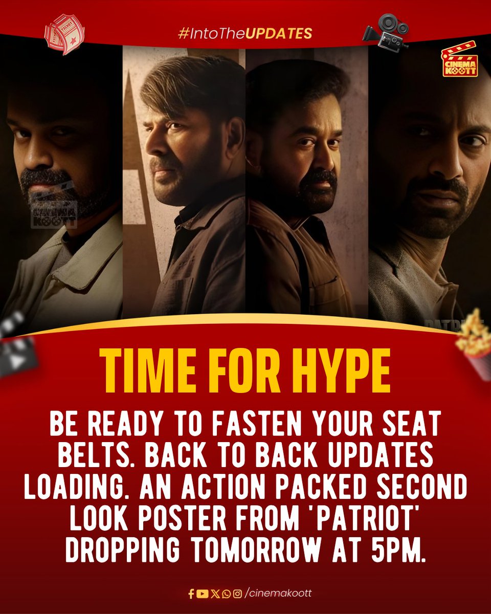Fasten your seat belts ⚡

#Patriot, #Mammootty, #Mohanlal, Mahesh Narayanan, #KunchackoBoban, #FahadhFaasil, #Nayanthara, Sushin Shyam 

_
#intotheupdates #cinemakoott