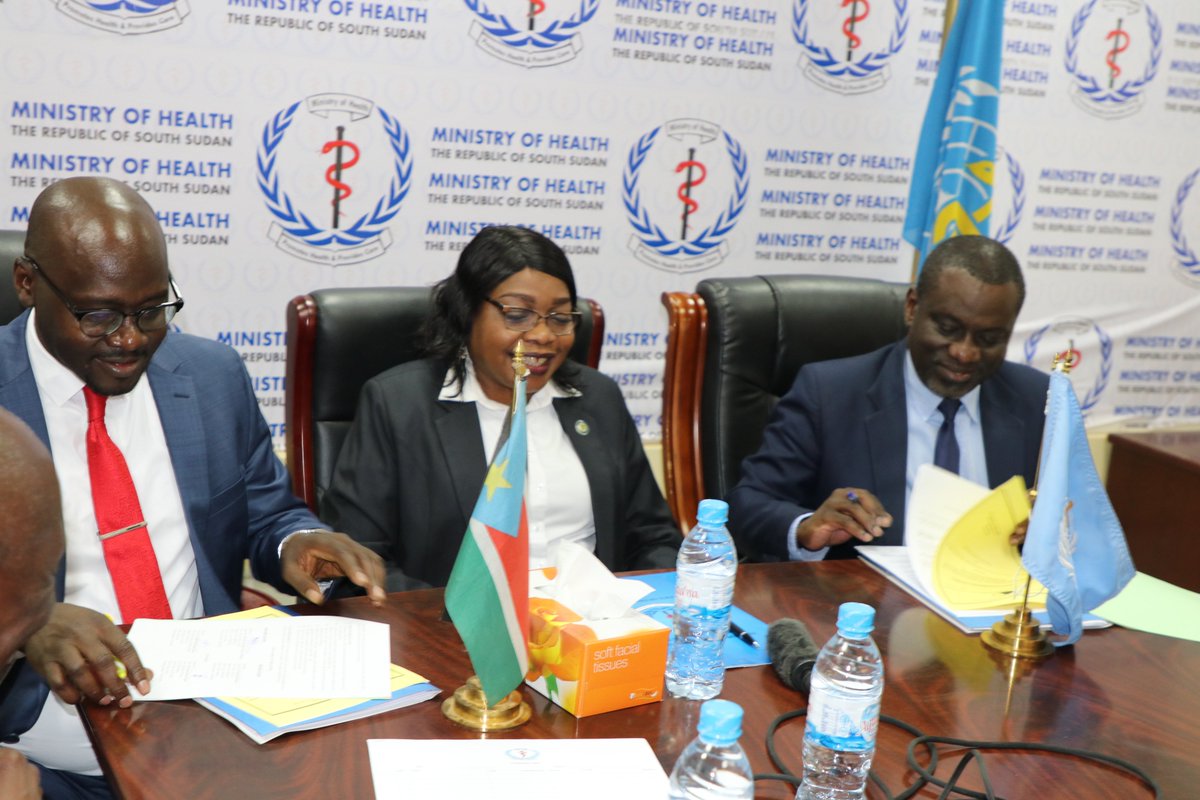 WHOSouthSudan's tweet photo. Today, @WHOSouthSudan &amp; @MoHRSS2011 signed a historic land agreement for the new WHO Office in Juba! 
The signing was officiated by Hon. Minister of Health @sarahrial &amp; Dr @Karamagi, @WHOSouthSudan Rep, alongside senior officials from the Ministries of Housing, Justice, &amp; Health. https://t.co/zLyfq5w9Zw
