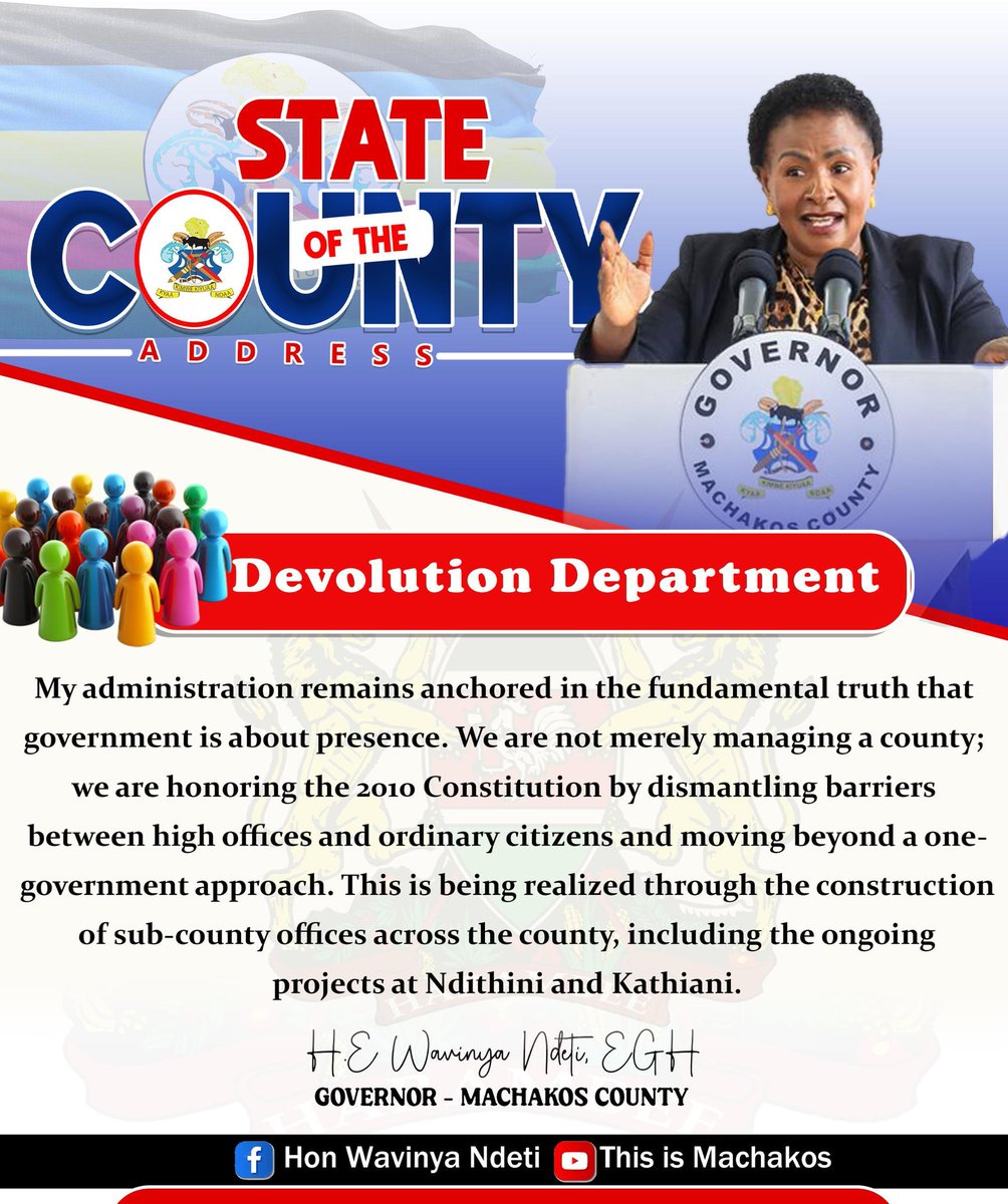 Wavinya Ndeti administration believes that true leadership is felt on the ground. Through our new sub-county infrastructure, we are making devolution a reality for all Machakos residents.

#MachakosCountyAddress