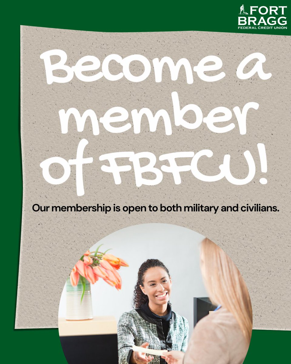 Did you know our membership is open to both military and civilians? If you live, worship, work, or attend school in Cumberland, Harnett, Hoke, Lee, Moore, Robeson, or Scotland County, NC, you’re eligible!

👉 Click here to apply today and become a member! fortbraggfcu.org/how-to-open-an…