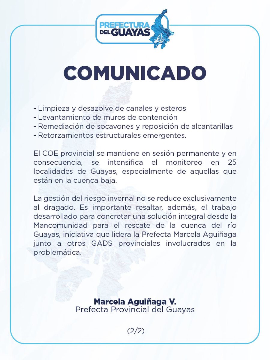📢 Comunicado | La Prefectura del Guayas responde oficialmente sobre el Plan de Dragado 2025–2027 y mantiene acciones preventivas activas en la provincia.

Trabajamos con planificación y monitoreo permanente por la seguridad de la ciudadanía.