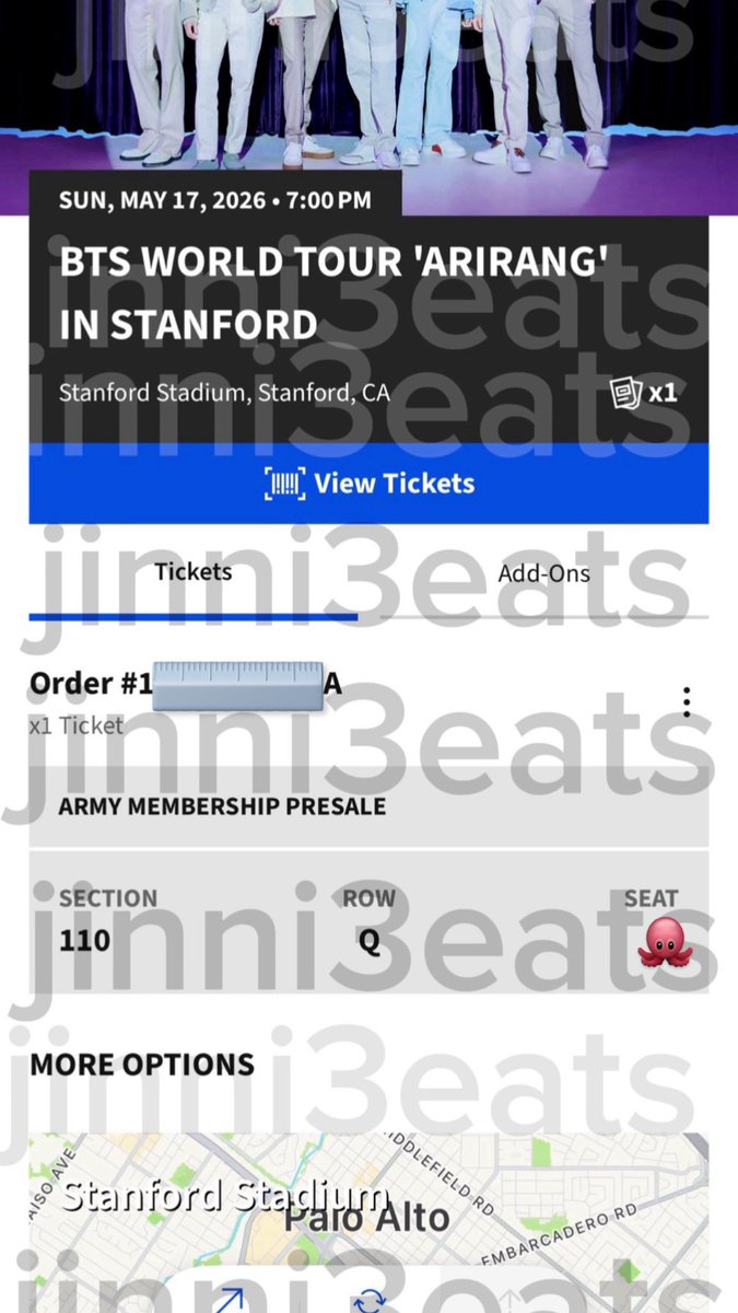jinni3eats's tweet photo. WTS  

(1) BTS Stanford 5/17 Ticket

Lower Bowl section 110 Row Q

Decided just to go to the LA stops 

Will provide any proofs and can ft if needed! Accept g&amp;s 

@875tickets 
#875ticketsale https://t.co/nXo8ifM5RJ