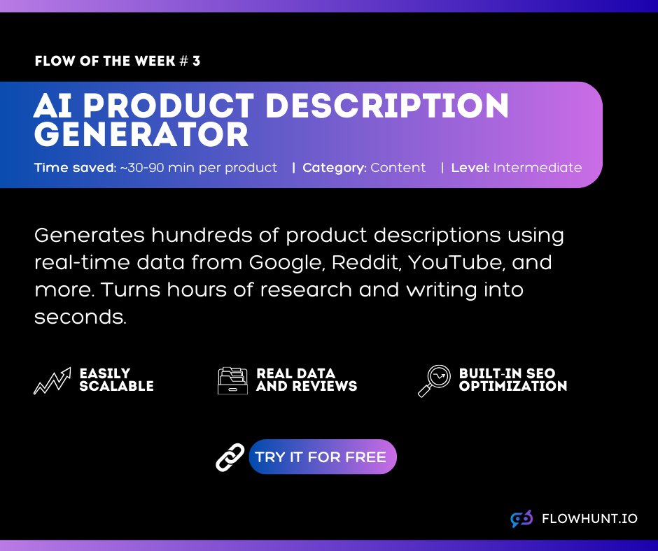100 new products, and each one needs facts, specs, and detailed copy that converts? 😰 
Our AI Product Description Generator pulls real data from Google, Reddit, and more, to write SEO-optimized product descriptions. Just review, publish, and scale ✨: flowhunt.io/ai-tools/produ…