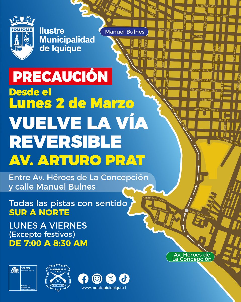 IquiqueDeTodos's tweet photo. 📢 ¡¡ATENCIÓN!! VUELVE VÍA REVERSIBLE 🚗🚙

4 PISTAS de AV. PRAT, entre AV. HÉROES DE LA CONCEPCIÓN y calle MANUEL BULNES, tendrán SENTIDO SUR-NORTE, de 7:00 a 8:30 AM…

Toda la información AQUÍ ⬇

🚨 PREPARE VIAJES CON ANTICIPACIÓN Y TRANSITE CON PRECAUCIÓN

#Iquique 🩵🇨🇱 https://t.co/NPduss2DTj