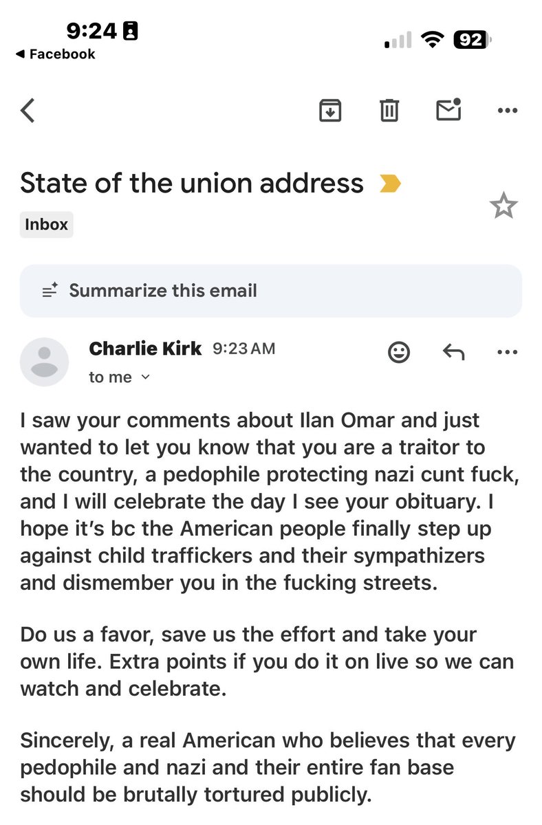 I received more hate emails today. The Left is totally out of control. Their mid-term strategy is to intimidate and bully conservatives hoping to silence them. I have two messages encouraging me to kill myself. #ICE #DOJ #SOTU