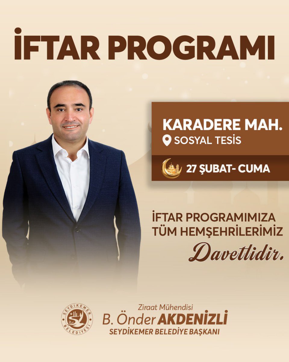 📍 Karadere Mahallesi – Sosyal Tesis

27 Şubat Cuma günü; soframızı, gönlümüzü ve muhabbetimizi paylaşmak üzere tüm hemşehrilerimi iftar programımıza bekliyorum. 🌙