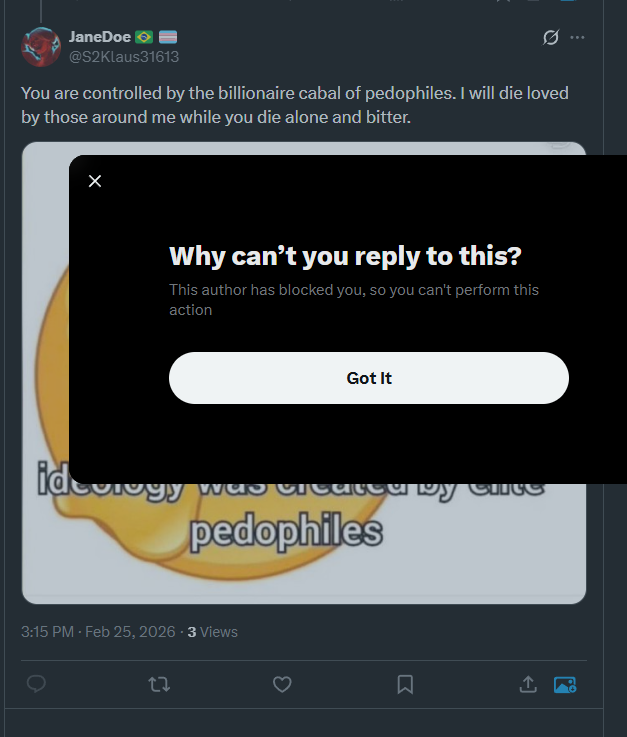 Maters007's tweet photo. @S2Klaus31613 what a looser, replay and block https://t.co/Bx1SVoMSB6