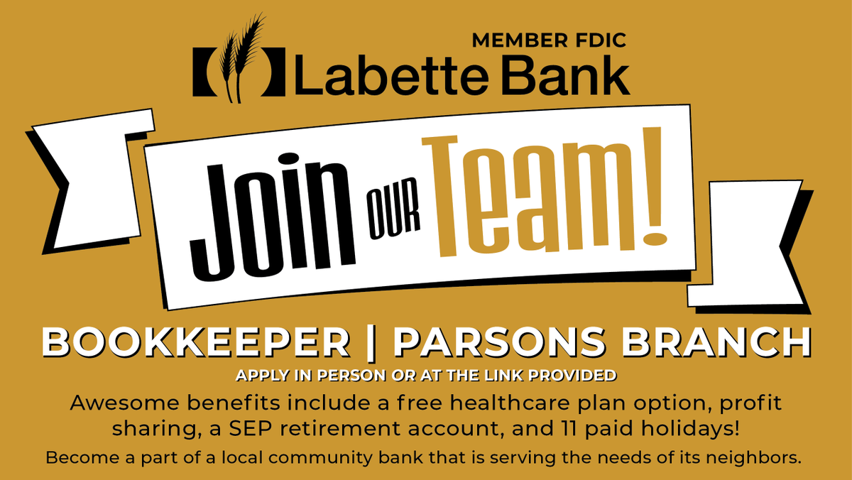 We’re hiring! Labette Bank is accepting applications for a Full-Time Bookkeeper at our Parsons branch. Check out the full job description at indeed.com/job/bookkeeper…