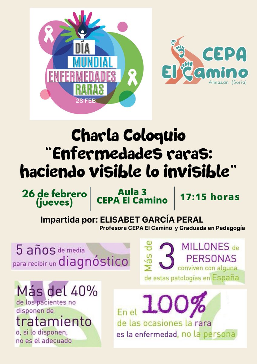 Este jueves 26 a las 17:15 h, en el Aula 3, te esperamos en la charla “Enfermedades raras: haciendo visible lo invisible”, impartida por nuestra compañera Elisabet García 💬✨
💜 Porque la rara es la enfermedad, no la persona.  
#FEDER <a href="/educacyl/">Educación JCyL</a> <a href="/CFIEdeSoria/">CFIE de Soria</a>