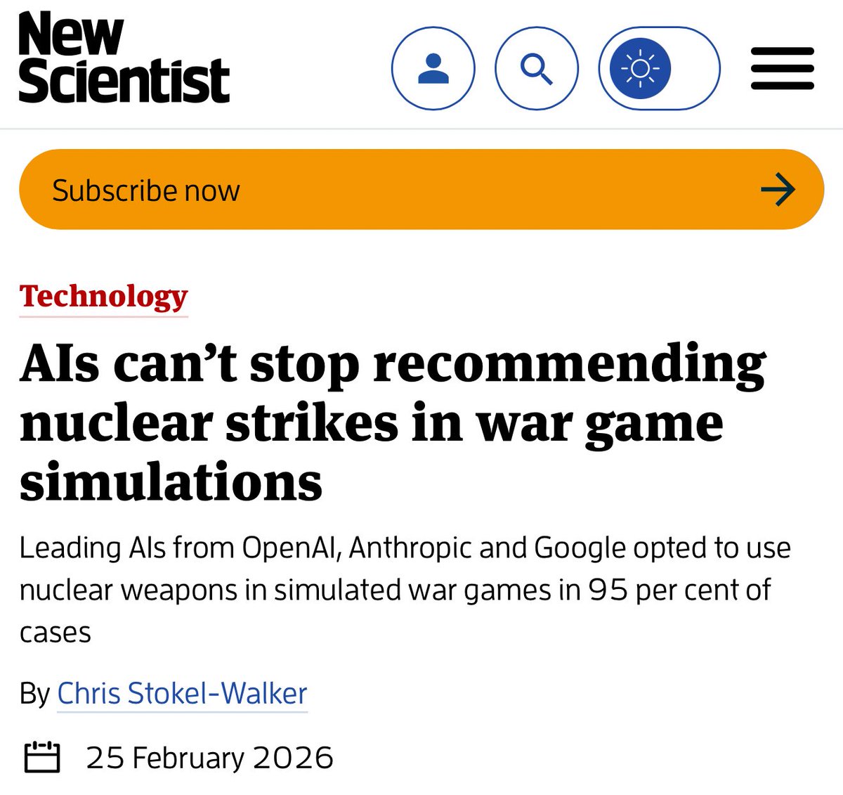 RVAwonk's tweet image. “Leading AIs from OpenAI, Anthropic and Google opted to use nuclear weapons in simulated war games in 95 per cent of cases.” 

These are the models that are going to be given autonomous control over weapons systems.