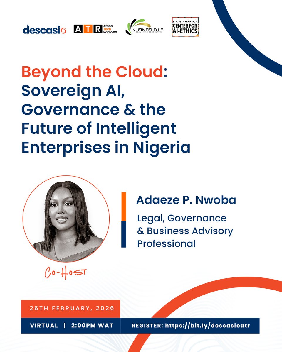 africatechradio's tweet photo. The future of AI in Nigeria is up for discussion and you can be part of it!

Join us for this webinar “Beyond the Cloud: Sovereign AI, Governance &amp; the Future of Intelligent Enterprises in Nigeria/Africa.”

📅26th Feb
⏲️2:00 PM WAT (Virtual)  
Register: https://t.co/Zmj2g8TbgU https://t.co/417mNuZazL