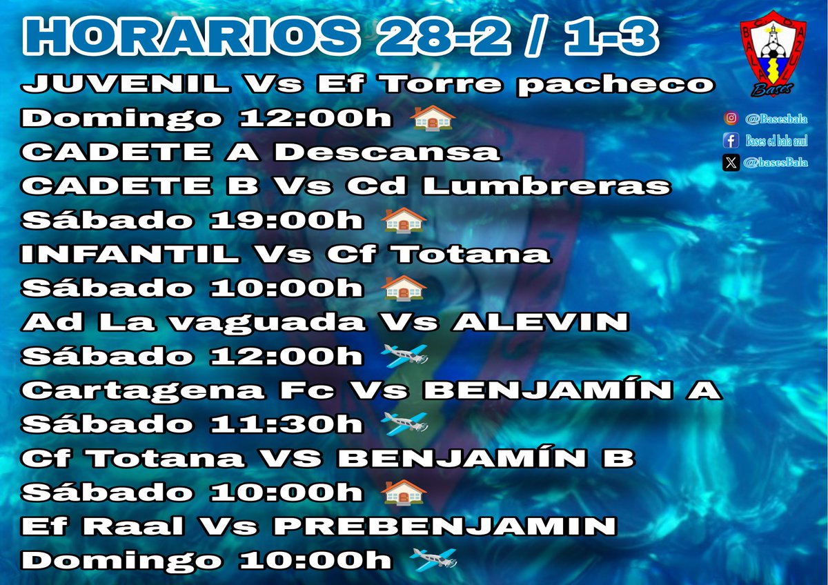 Horarios del fin de Semana 28-2 / 1-3.

⚽💙💪🦈

#VamosBala #BasesBala #SomosAzules #SentimientoMarinero #Tiburones
