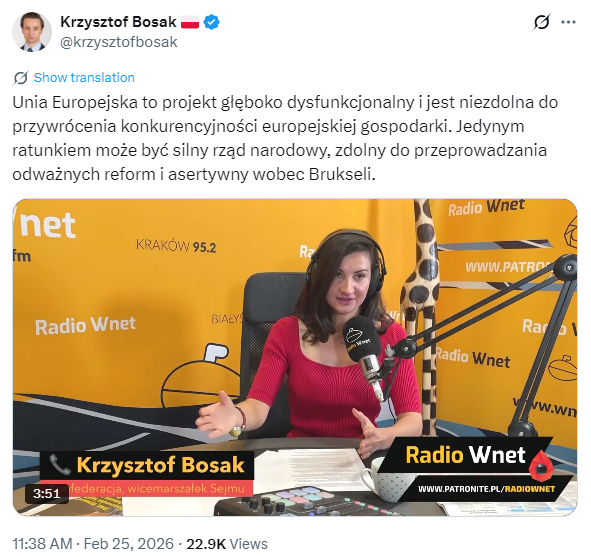 Jedynym ratunkiem jest #Polexit a nie ceregiele z Brukselą, która nas niszczy celowo i z premedytacją. Miękki Bosak nie jest do tego zdolny.
