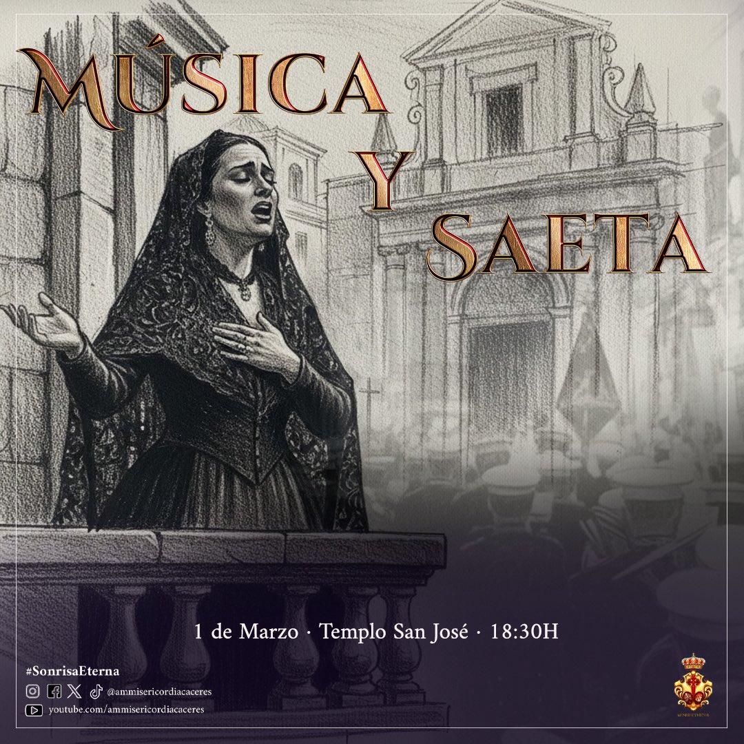 ⚪️🟣
𝐌𝐔́𝐒𝐈𝐂𝐀 𝐘 𝐒𝐀𝐄𝐓𝐀

Este Domingo estaremos acompañando a @hermandaddelamorcaceres 

𝘘𝘶𝘦 𝘯𝘶𝘯𝘤𝘢 𝘤𝘢𝘭𝘭𝘦 𝘷𝘶𝘦𝘴𝘵𝘳𝘢 𝘢𝘳𝘮𝘰𝘯𝘪𝘢,
𝘲𝘶𝘦 𝘴𝘪𝘦𝘮𝘱𝘳𝘦 𝘴𝘶𝘦𝘯𝘦 𝘦𝘯 𝘦𝘭 𝘤𝘰𝘳𝘢𝘻𝘰́𝘯

#ammisericordiacaceres #sonrisaeterna