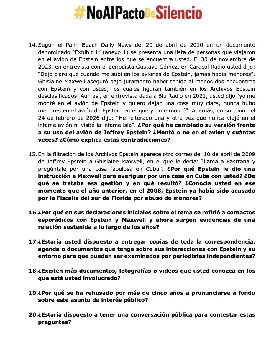 Solo son 20 preguntas que <a href="/AndresPastrana_/">Andrés Pastrana A</a> no ha contestado sobre sus vínculos con Epstein y Maxwell. 

#NoAlPactoDeSilencio