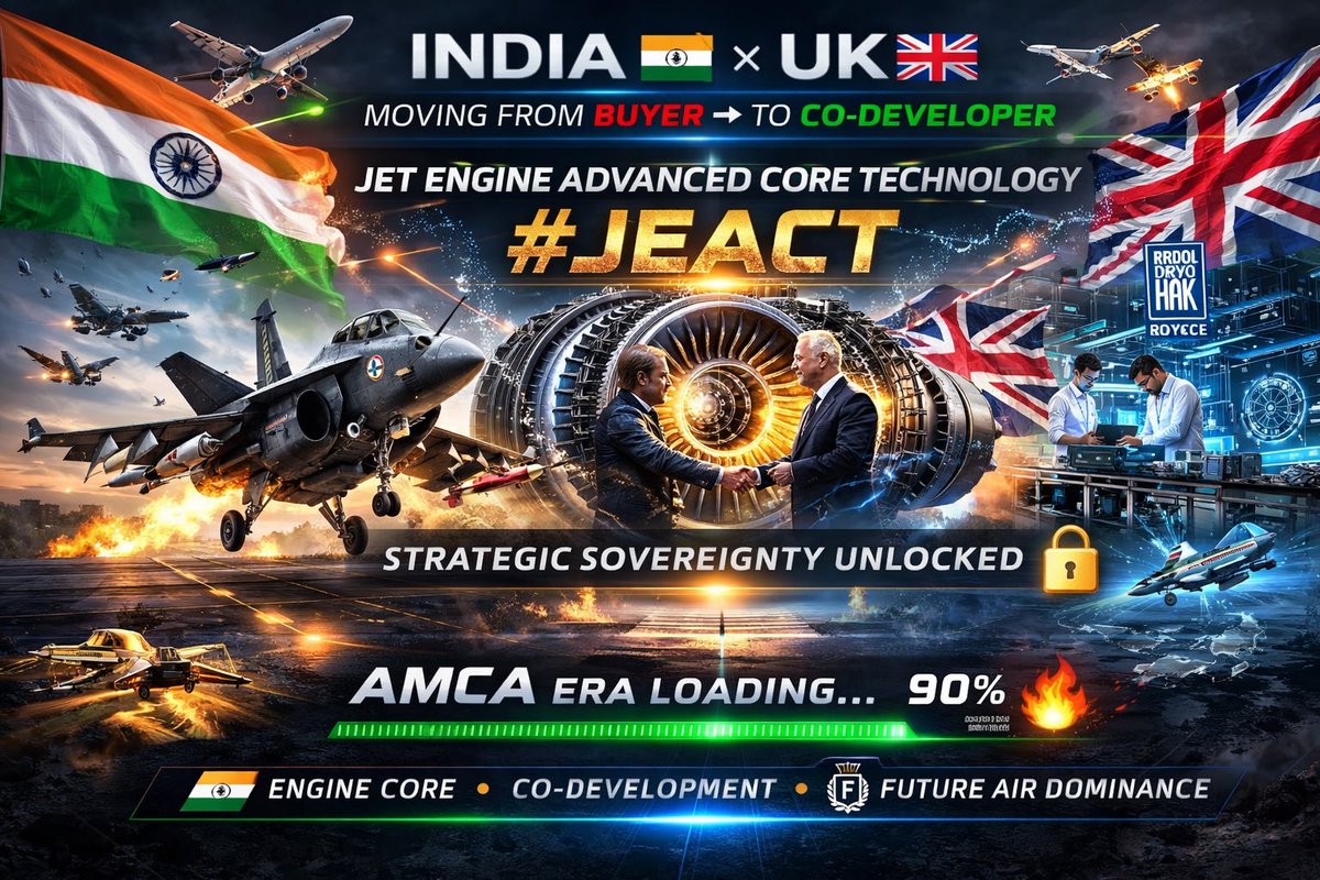 DefenseNewsIN's tweet photo. India 🇮🇳 × UK 🇬🇧 moving from buyer to co-developer.
Jet Engine Advanced Core Technology (#JEACT) is not a deal — it’s strategic sovereignty.
AMCA era loading. ✈️🔥 https://t.co/nallhv0dQz