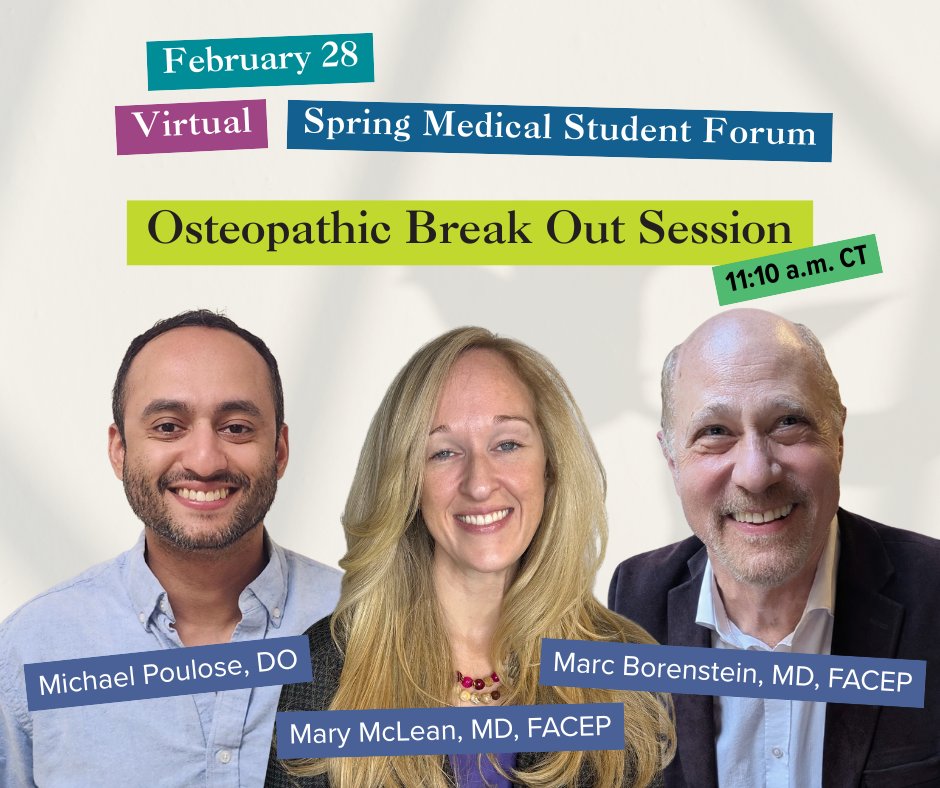 emresidents's tweet image. Join our MSIII - Osteopathic panel for a breakout session on applying EM as an osteopathic student at our Virtual MSF this week: emra.org/be-involved/ev…

Rotations? Boards? Strategy? We've got you covered. 

#EMRA #MedStudents #EMBound #MedEd #MSIII