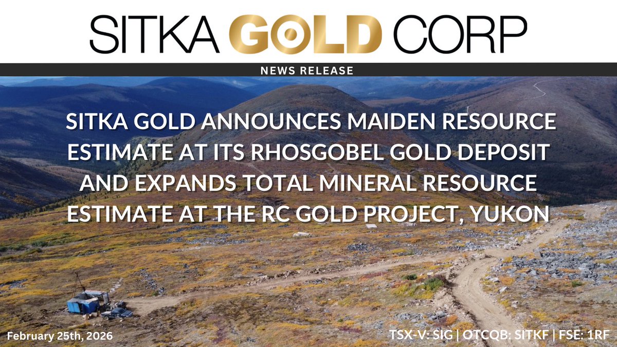 SitkaGoldCorp's tweet photo. 📣NEWS RELEASE:
“The trajectory of advancement at RC Gold has surpassed our expectations with total #gold resources rapidly growing from our initial 2023 maiden resource estimate. With a total of 60,000 metres of diamond drilling planned across RC Gold in 2026, which will effectively double the total meterage drilled to date, we are positioned for another highly impactful year as we work to expand our known deposits while pursuing additional discoveries across the numerous other high-priority targets located within this district-scale gold camp.” Cor Coe, CEO

$SIG.V $ SITKF 
 #gold #tungsten #juniormining #MRE #investyukon 

Read today’s news in full:
https://t.co/ujPGEZf1rk