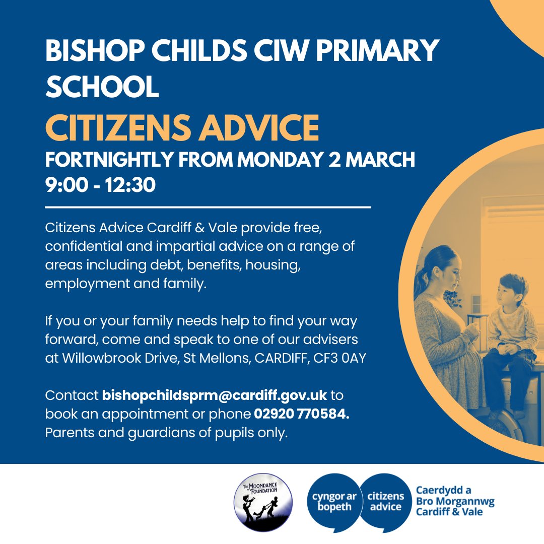 We're at Bishop Childs CIW Primary School on Monday 2 March between 9am and 12:30pm offering  free, confidential advice on a range of areas including benefits, debt, housing, employment, family, and more.