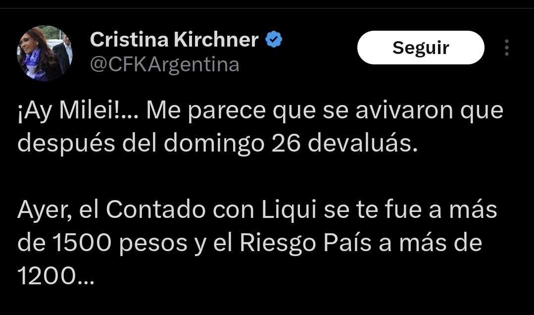 5 meses después de este tweet de la condenada:

Dolar CCL: $1450
Dolar Oficial: $1400
Dolar Mayorista: $1390
Riesgo País: 540 pbs

La re contra tienen adentro ☑️