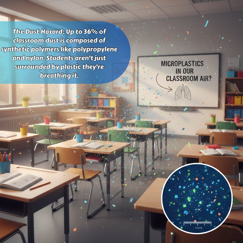 unplasticday's tweet image. Studies show that the air inside a classroom contains up to twice as many microplastics as the air outside. These tiny synthetic particles shed from food packaging, furnitures and textiles, silently entering our bodies. #microplastics_in_our_life #Sustainability #plastic #fyp