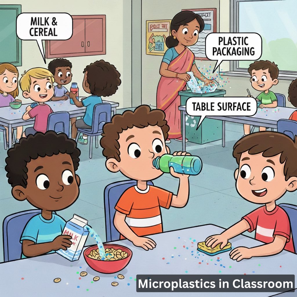 unplasticday's tweet image. Studies show that the air inside a classroom contains up to twice as many microplastics as the air outside. These tiny synthetic particles shed from food packaging, furnitures and textiles, silently entering our bodies. #microplastics_in_our_life #Sustainability #plastic #fyp