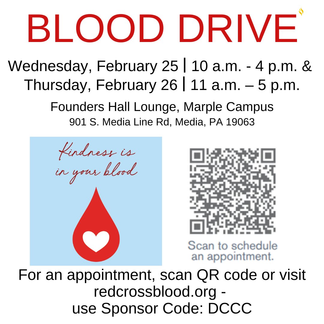 DCCC_ACE's tweet image. Phantoms, the Red Cross will be at the Marple Campus today from 10am-4pm and tomorrow from 11am-5pm facilitating our Spring Blood Drive! 🩸 Consider donating! Walk ups welcome. #BloodDrive