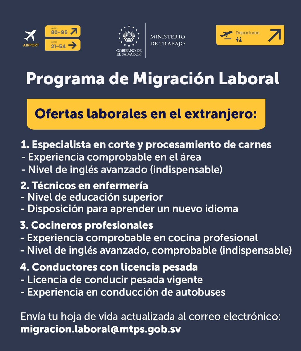 🌎✈️ ¡Oportunidad laboral en el extranjero!

El Ministerio de Trabajo y Previsión Social de El Salvador abre convocatoria para el Programa de Migración Laboral, una vía regular, ordenada y segura para que salvadoreños trabajen fuera del país con garantías y respeto a sus