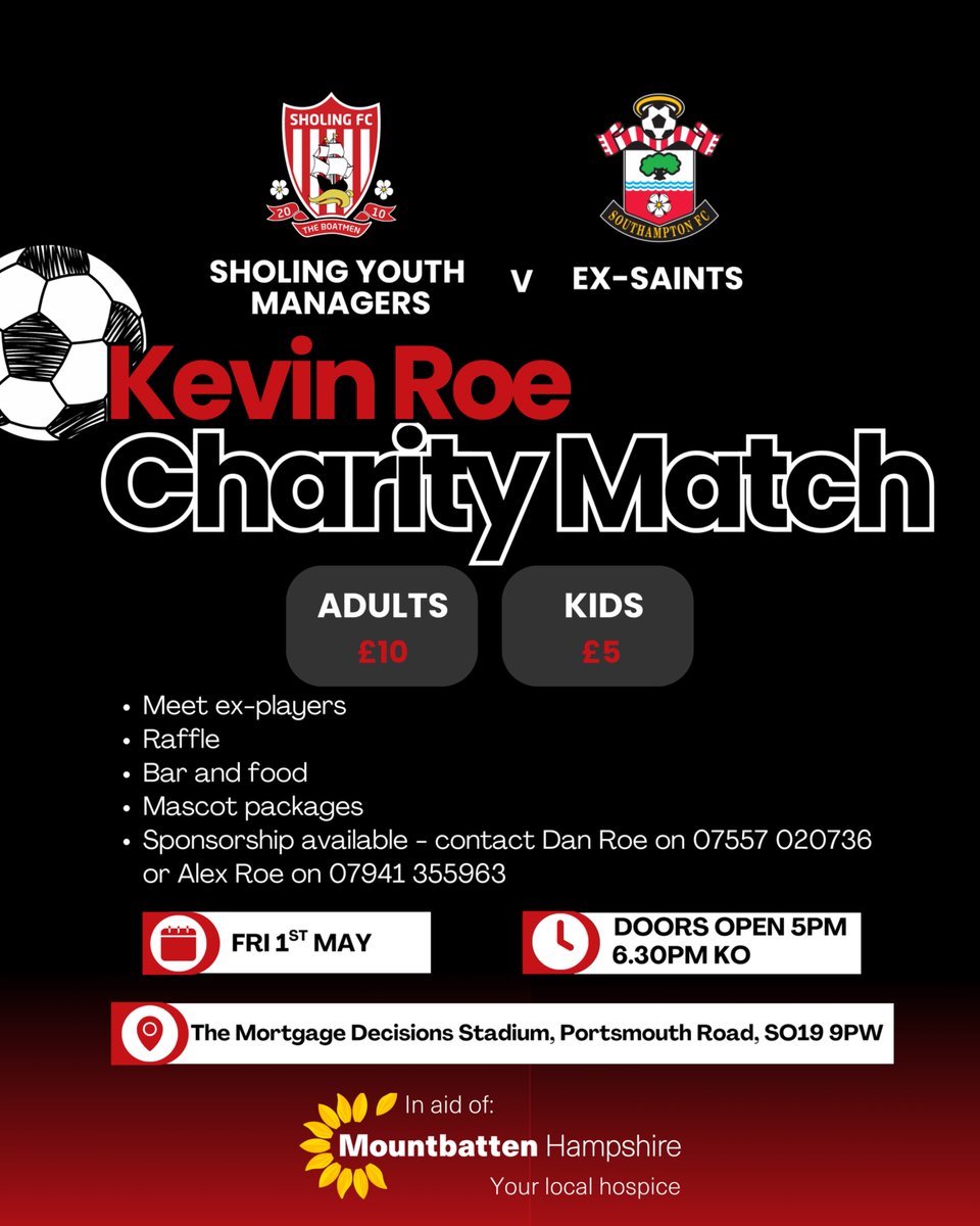 Join us as we host a very special charity football match at Sholing FC, in memory of Kevin Roe, and in support of the incredible care provided by Mountbatten Hospice.

Kevin was a lifelong football fan, a proud supporter of both Sholing FC and Southampton FC.

📅 1st May 2026
📍