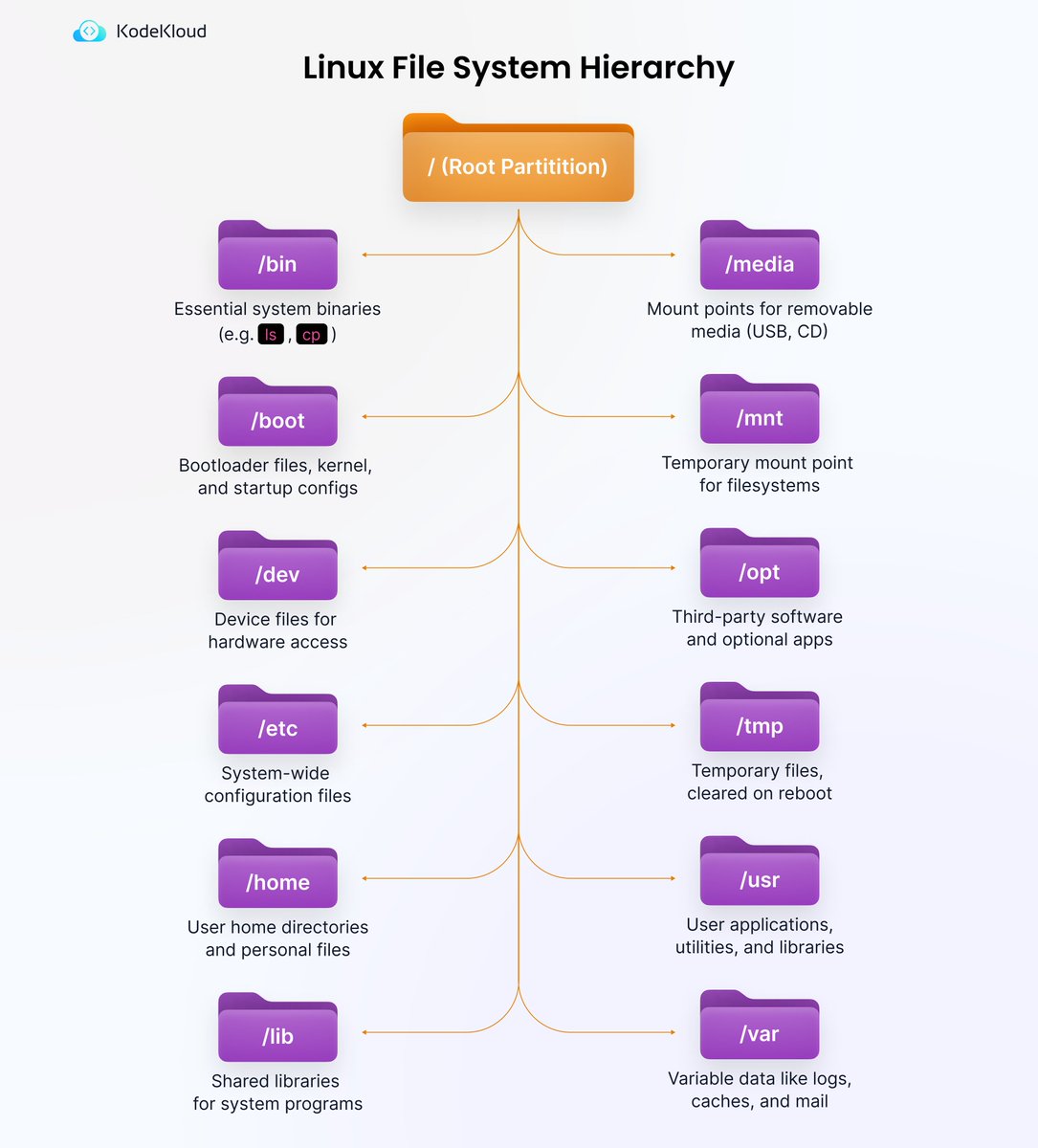 Everything in Linux starts from / (root). From there, each directory ...