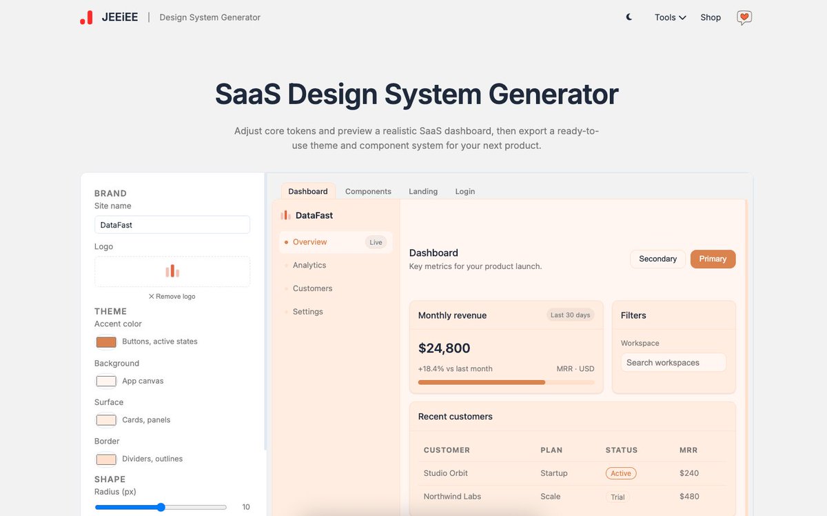 i hate random vibe-coded purple saas colors.

so i built my own solution.

today i shipped a SaaS Design System Generator.

instead of:
- wasting 3 hours picking colors
- guessing light/dark tokens
- designing buttons again and again

I just:
- pick brand accent
- preview