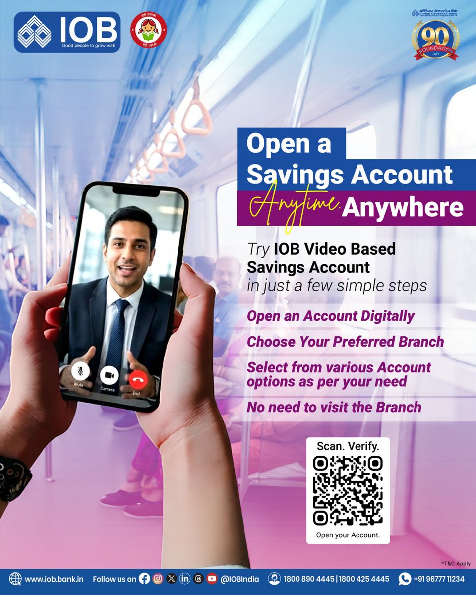 IOBIndia's tweet photo. Your Savings Account. Your convenience.
Open digitally with IOB’s Video Based Savings Account—fast, secure, and effortless.
Click to open account: https://t.co/rmc9LbIgTA
#IOB #DigitalBanking #SavingsAccount #BankingMadeEasy #AnytimeAnywhere #VideoKYC #CustomerFirst #DFS #RBI https://t.co/FqjpLv0wlA