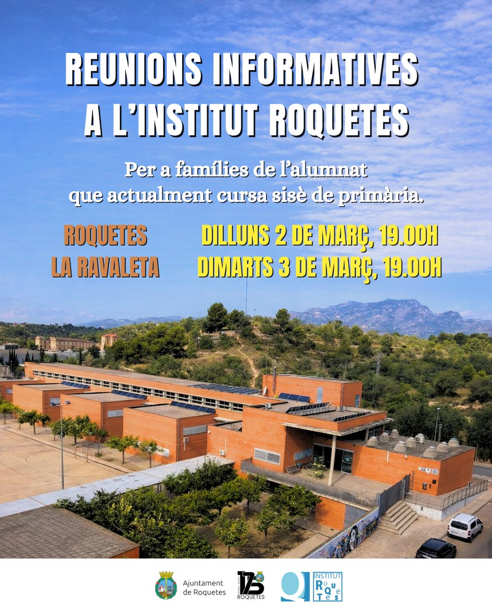 AjRoquetes's tweet photo. 🎒 𝗘𝗗𝗨𝗖𝗔𝗖𝗜𝗢́ | 🖊️ ETAPA SECUNDÀRIA 🔬

📢 Reunions informatives a l'@INSRoquetes 🏫
👪 Per a famílies de l'alumnat de 6⃣è primària.

ℹ️ Preinscripció i funcionament.

📌 Famílies #Roquetes
📆 Dilluns 2⃣ març
⏰ 19.00h

📌 Famílies #LaRavaleta
📆 Dimarts 3⃣ març
⏰ 19.00h https://t.co/Bmiw4lPctd