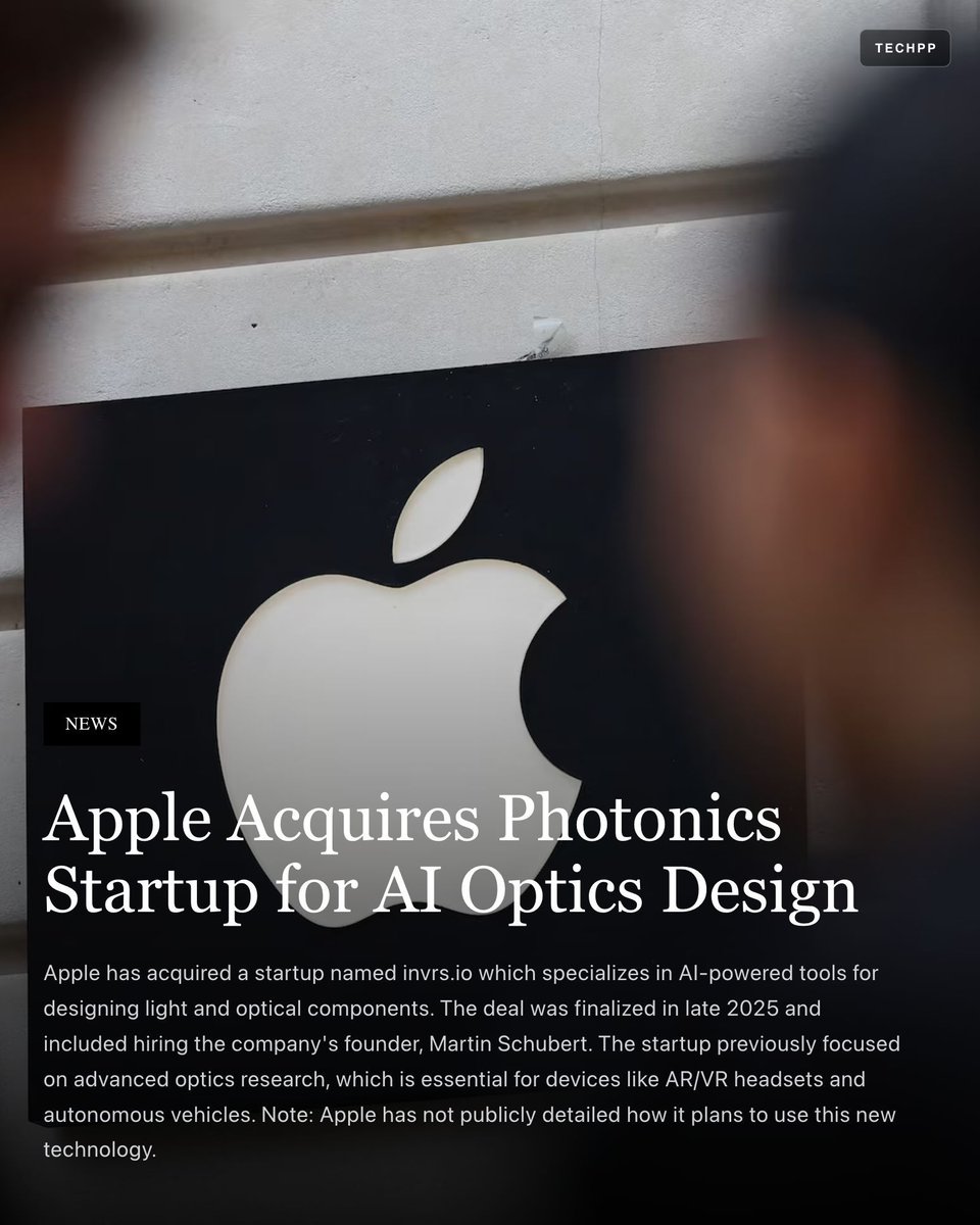 techpp's tweet image. Apple Acquires Photonics Startup for AI Optics Design

#Apple #Acquisition #AI