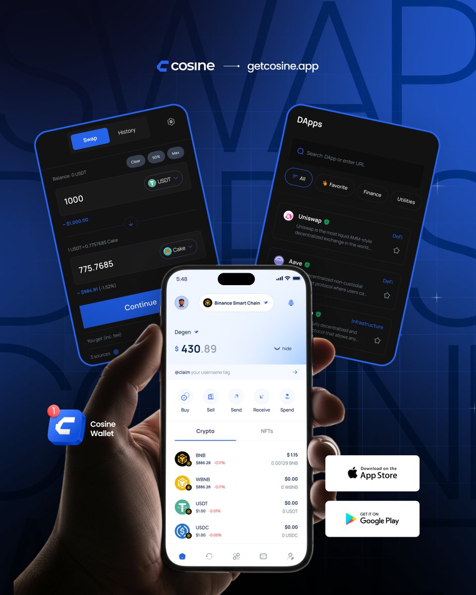 Crypto is complicated… your wallet shouldn’t be. 💡

Too many wallets make you hunt for basic features like sending funds, checking balances, and swapping assets. It shouldn’t feel like a scavenger hunt.

Cosine Wallet keeps it simple, clean, and intuitive.
Crypto is hard enough