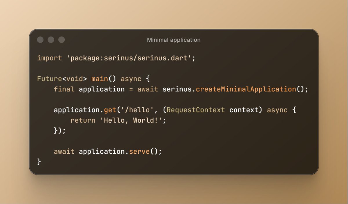 avesboxx's tweet photo. Did you know? 
Serinus allows you to build a minimal application! This can be useful to prototype lightning-fast APIs, spin up microservices, and completely ditch the boilerplate. 🚀

Less setup. More code. Get your Dart server running in seconds! ⚡️

https://t.co/2zGXLQqTdo https://t.co/HxZEBYtdLK