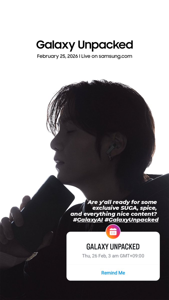 #슈가소식

<a href="/SamsungMobile/">Samsung Mobile</a> 👀👀👀???
2026.02.26.AM 03:00KST 

SUGA X SAMSUNG is BACK!!! 

📍알림받기  instagram.com/stories/samsun…

#SUGAxSAMSUNG 
#SUGA #AgustD #슈가 #방탄소년단슈가