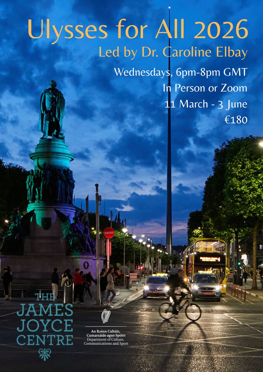 JamesJoyceCentr's tweet photo. We are delighted to announce our annual Ulysses for All course will start on 11th March 2026!

Join our global readership and guest speakers at the James Joyce Centre where Dr. Caroline Elbay will lead Ulysses for All 2026: ‘Back to Basics: Ulysses and the Meaning of Life Today – The Reader Responds.’

Course Details:
-Hybrid Zoom/In-Person at the James Joyce Centre
-Start Date: 11th March 2026
-End Date: 3rd June 2026
-Time: Every Wednesday at 6-8pm GMT
-Fee: €180

Find out more about the course and register with the link below. We will see you in class on 11th March!

https://t.co/oEeDn8Mpnn