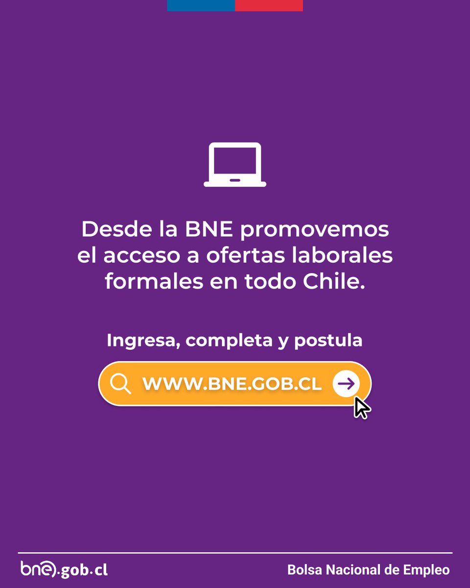 🤝Desde la BNE impulsamos el acceso a oportunidades laborales formales, conectando personas y empleadores en todo el país.
 
👉 Conoce las ofertas disponibles y postula de manera simple y segura en bne.gob.cl