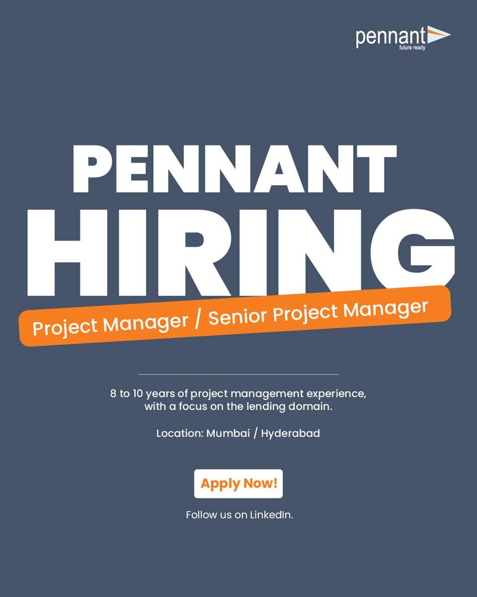 pennanttech's tweet photo. 𝐖𝐞’𝐫𝐞 𝐇𝐢𝐫𝐢𝐧𝐠: 𝐏𝐫𝐨𝐣𝐞𝐜𝐭 𝐌𝐚𝐧𝐚𝐠𝐞𝐫 / 𝐒𝐞𝐧𝐢𝐨𝐫 𝐏𝐫𝐨𝐣𝐞𝐜𝐭 𝐌𝐚𝐧𝐚𝐠𝐞𝐫

📍 𝐋𝐨𝐜𝐚𝐭𝐢𝐨𝐧𝐬: Mumbai | Hyderabad
🕒 𝐄𝐱𝐩𝐞𝐫𝐢𝐞𝐧𝐜𝐞: 8–10 Years

We are looking for experienced Project Management professionals to lead and drive high-impact strategic initiatives within our organisation.

The ideal candidate will have a strong background in Banking / BFSI, with proven expertise in end-to-end project delivery and stakeholder management. Experience in implementation of Lending Software Products or Banking Software Products will be an added advantage.

 🔹 End-to-end project ownership
🔹 Cross-functional stakeholder management
🔹 Risk, issue & dependency management
🔹 Regulatory & compliance alignment
🔹 Strong leadership & communication skills
🔹 PMP certification preferred

If you thrive in a fast-paced environment and enjoy driving structured execution with measurable impact, we’d love to connect.

📩 Interested candidates can share their resume along with a brief cover note highlighting relevant experience.

👉 Apply here: https://t.co/seBt3mrISP

Tag or share with someone who might be a great fit 👇

𝐅𝐨𝐥𝐥𝐨𝐰 𝐮𝐬 𝐨𝐧 𝐋𝐈𝐍𝐊𝐄𝐃𝐈𝐍 𝐟𝐨𝐫 𝐫𝐞𝐠𝐮𝐥𝐚𝐫 𝐮𝐩𝐝𝐚𝐭𝐞𝐬 𝐨𝐧 𝐂𝐚𝐫𝐞𝐞𝐫 𝐎𝐩𝐩𝐨𝐫𝐭𝐮𝐧𝐢𝐭𝐢𝐞𝐬!! 

𝐅𝐫𝐚𝐮𝐝 𝐀𝐥𝐞𝐫𝐭 𝐟𝐨𝐫 𝐉𝐨𝐛 𝐒𝐞𝐞𝐤𝐞𝐫𝐬
Pennant Technologies will never ask Money in any form at any stage of the hiring process. If anyone asks you for money in relation to a job with us, do not respond - report it immediately to us.

#Hiring #ProjectManager #SeniorProjectManager #MumbaiJobs #HyderabadJobs #BFSICareers #FinancialServices #TechCareers #LeadershipHiring #NowHiring #CareerOpportunity #Careers #Hiring #FintechJobs #Fintech #ProjectManagement #ITJobs #HiringNow #SoftwareCareers #PennantTech