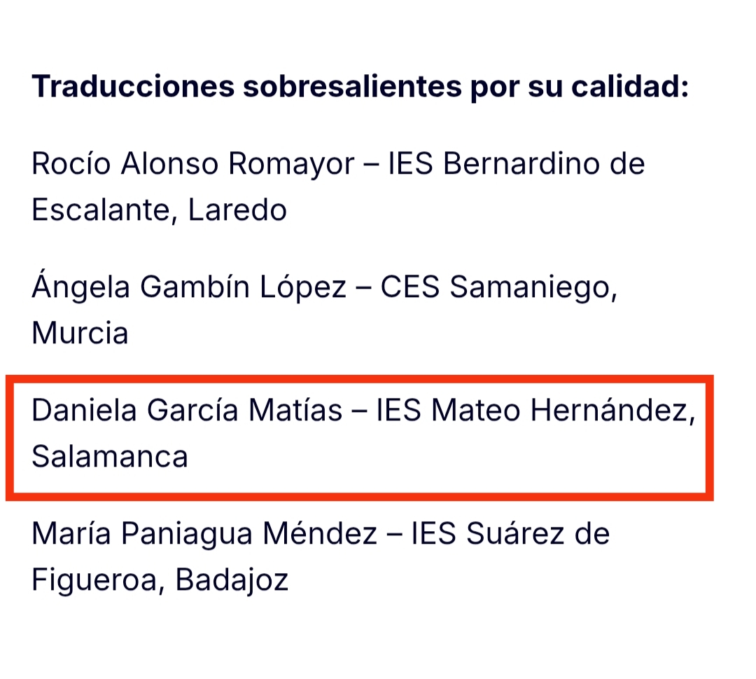 IES_Mateo's tweet photo. Orgullosos de nuestra alumna #2bachillerato Daniela García Matías, por la mención especial como una de las 7 mejores traducciones de España en la competición nacional de la Dirección General de Traducción de la Comisión Europea @ComisionEuropea 
#IESMateo_Hdez @educacyl https://t.co/GL8nxcYWxR