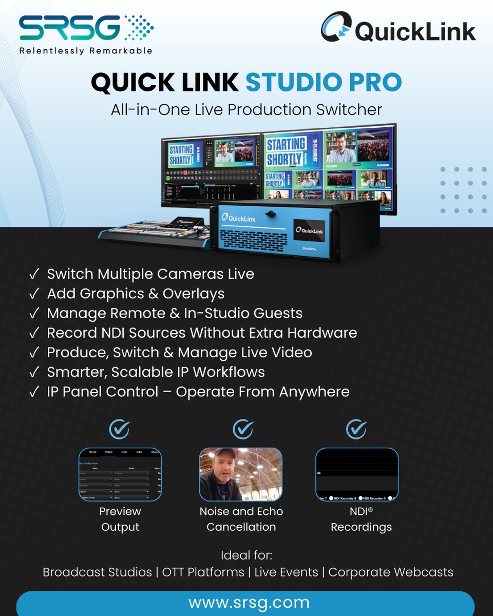Srsgbroadcast's tweet photo. Still running live production across multiple systems?

#QuickLink #StudioPro brings switching, #NDI recording, graphics, remote guest management, and IP control into one powerful solution.

Time to simplify your workflow.
Connect with #SRSG.
...
#LiveProduction #BroadcastTech https://t.co/067JnUqfE7