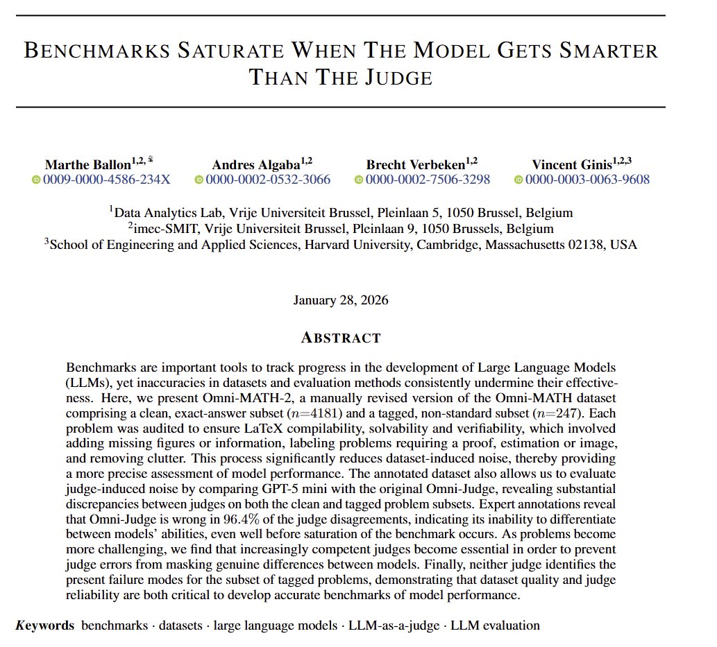 Many benchmarks use LLMs as a judge of correctness, typically a smaller, cheaper model. This paper shows weaker judges are not able to evaluate smarter models. A benchmark is really a triplet of dataset, model, judge &amp; judges are increasingly the bottleneck being saturated.