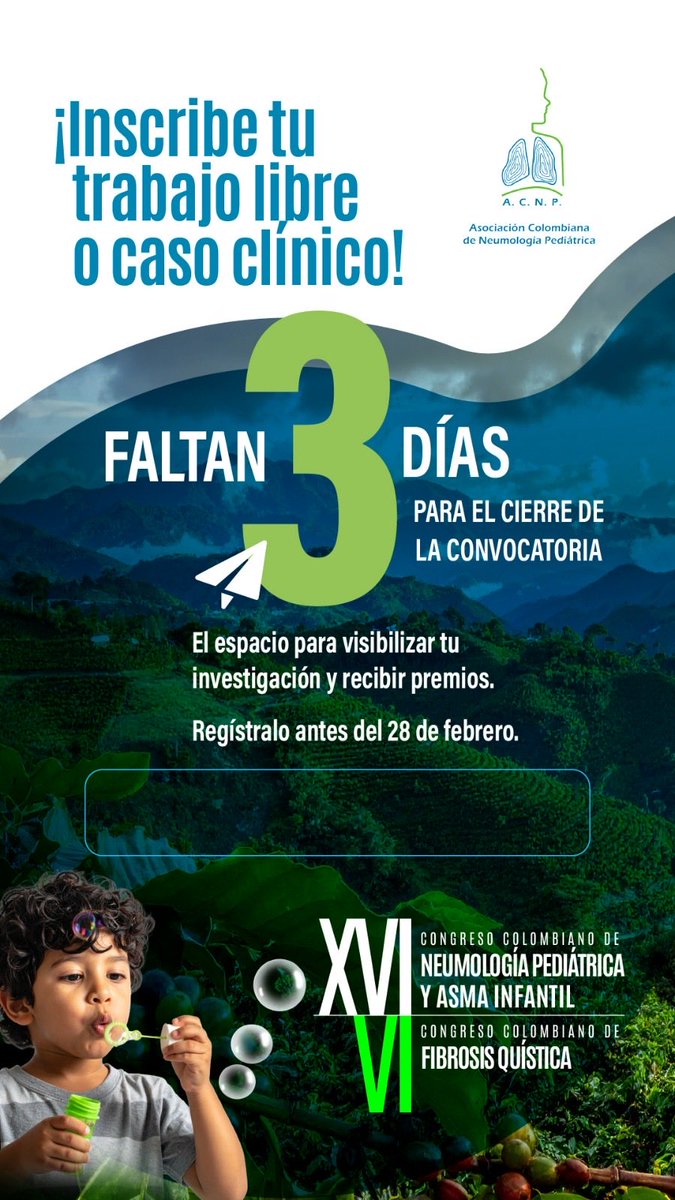💻 ¡Quedan 4 días para que el plazo de registro de trabajos cierre! 📚

Consulta sobre esto y más en: 
portal.neumopediatriacolombia.com/xvi-congreso-c…