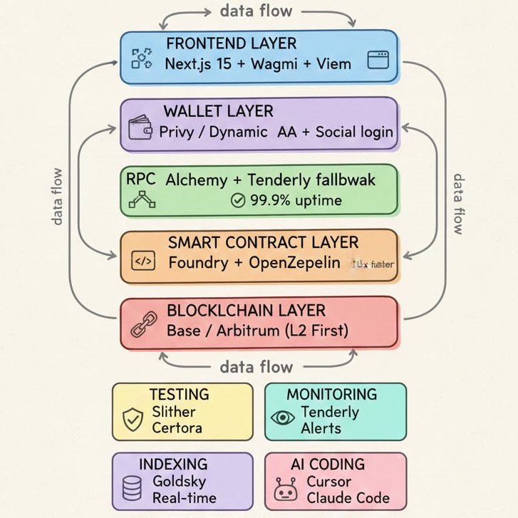 suraj_sharma14's tweet photo. The Web3 stack that actually ships in 2026

Hardhat is dead. Here's what replaced it:

1.)  SMART CONTRACTS :
Foundry - no debate
• Tests run 10x faster than Hardhat
• Built-in fuzzing catches bugs
• Gas reports show exact costs
• Scripts in Solidity (not JS)

https://t.co/OVryJOt1Jh

2.)  FRONTEND :
Next.js 15 + Wagmi v2 + Viem
• Wagmi handles wallet connections
• Viem replaces ethers.js (faster, smaller)
• TypeScript types auto-generated
• Works with all modern wallets

https://t.co/iiJr9uoYKR

3.)  WALLETS :
Privy or Dynamic (not basic WalletConnect)
• Account abstraction built-in
• Email/social login included
• Gas sponsorship ready
• Mobile actually works

https://t.co/Tr4pyo89e5 | https://t.co/c4Ig61A6Pf

4.)  RPC PROVIDERS :
Alchemy (with Tenderly fallback)
• 99.9% uptime (measured)
• Free tier: 300M compute units/month
• Automatic failover = no downtime
• Tenderly for debugging

https://t.co/WTY777xy4p

5.)  INDEXING : 
Goldsky (overtook The Graph)
• Real-time (not 15 min lag)
• GraphQL + REST APIs
• Easier setup than subgraphs
• Better pricing for small projects

https://t.co/KYgPVcvOX4

6.)  TESTING : 
Foundry fuzz + Slither + Certora
• Fuzz: Random inputs find edge cases
• Slither: Static analysis catches patterns
• Certora: Formal verification for critical paths
• Run all three before audit

https://t.co/9RDB19tFla

7.)  AI CODING : 
Cursor + Claude Code (mandatory in 2026)
• Write tests automatically
• Generate boilerplate
• Explain complex contracts
• Debug faster

https://t.co/mtk4vzGzoL

8.)  DEPLOYMENT : 
Foundry scripts + Tenderly monitoring
• Deploy with Solidity scripts
• Tenderly alerts on every transaction
• Simulate before mainnet
• War room ready

https://t.co/uFfa36pIoq

9.)  L2 FIRST : 
Base or Arbitrum (mainnet is for settlement)
• 100x cheaper gas
• Same security
• Better UX
• Where users actually are

https://t.co/WmKni9EVnz | https://t.co/WWnUtxC59Z

» WHAT CHANGED FROM 2025 :

- Account abstraction: Standard (not experimental)
- AI coding: Mandatory (not nice-to-have)
- L2s: Primary target (mainnet secondary)
- Goldsky: Replaced The Graph for many
- Privy/Dynamic: Standard wallet integration

» WHY THIS STACK :

- Speed: Ship in weeks not months
- Cost: Most tools have generous free tiers
- Reliability: Battle-tested by top protocols
- Developer experience: Actually enjoyable
- Modern: Uses 2026 best practices

» WHAT YOU DON'T NEED :

- Hardhat (slow, outdated)
- Ethers.js (Viem is better)
- Basic WalletConnect (missing features)
- The Graph (for most projects)
- Remix for production (development only)

QUICK START :

1. Install Foundry: curl -L https://t.co/G7HD4KnnaU | bash
2. Clone starter: forge init my-project
3. Add frontend: npx create-wagmi
4. Deploy to testnet: forge script Deploy
5. Monitor: Connect Tenderly

You're shipping.

THE REALITY :

This stack powers:
• Uniswap frontend
• ENS contracts
• Aave v3 deployment
• Base ecosystem apps

If it's good enough for them, it's good enough for you.

Bookmark this. You'll reference it.