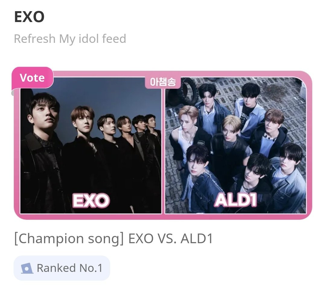 exochartstats's tweet photo. EXO 'Crown' reached the final Champion Song voting on IDOLCHAMP 🗳 

Current rank: #1 

Gap: 106 votes, 1 day left

[Champion song] EXO VS. ALD1
🔗https://t.co/DAUFZfgfHR
#EXO #EXO_Crown @weareoneEXO https://t.co/PkMAt9LM2i