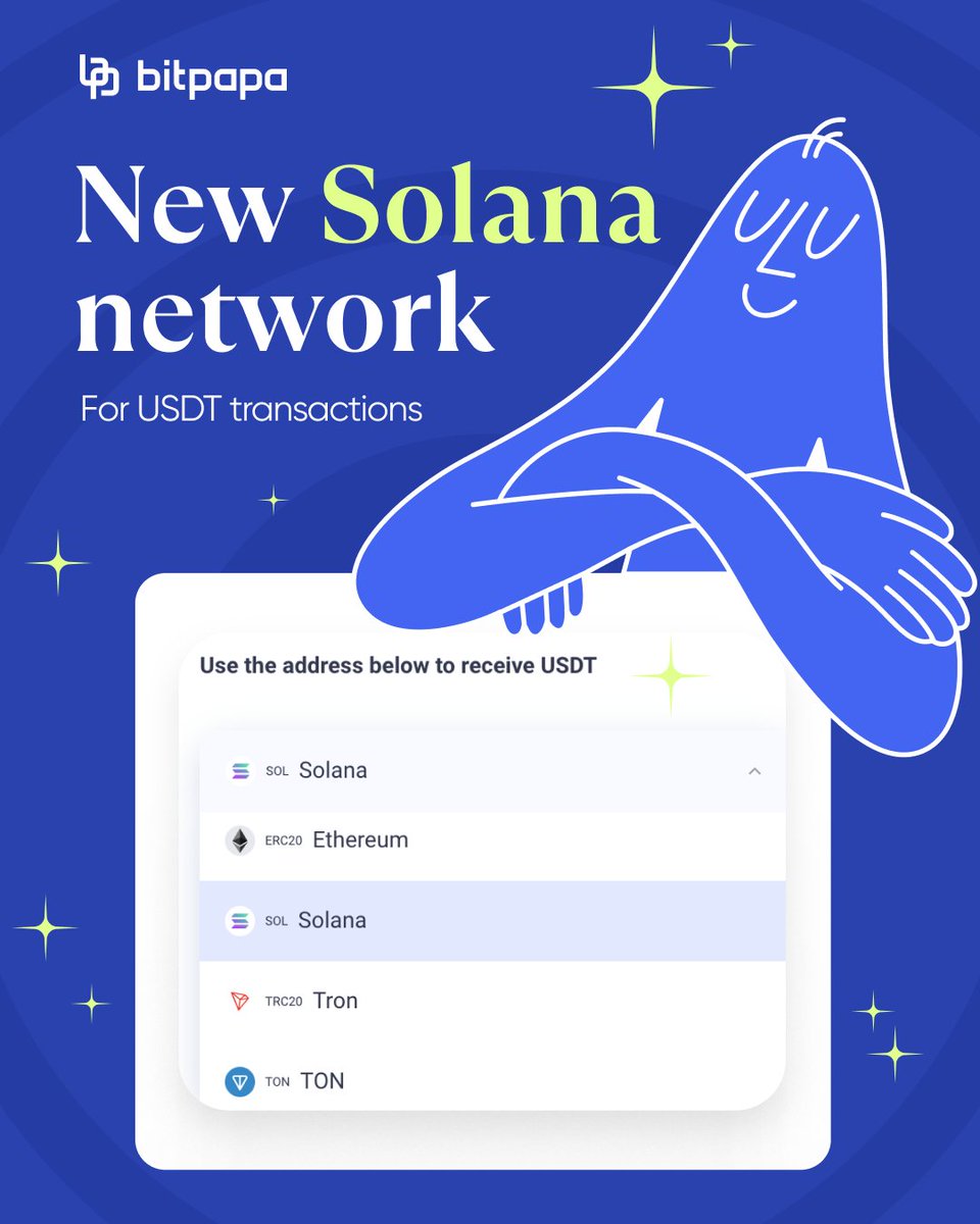 Update on Bitpapa!

You can now make transactions with USDT on the Solana network.

Transactions with USDT on the Solana network are fast thanks to the high throughput and parallel processing architecture of the blockchain.

New networks for USDT will be added soon