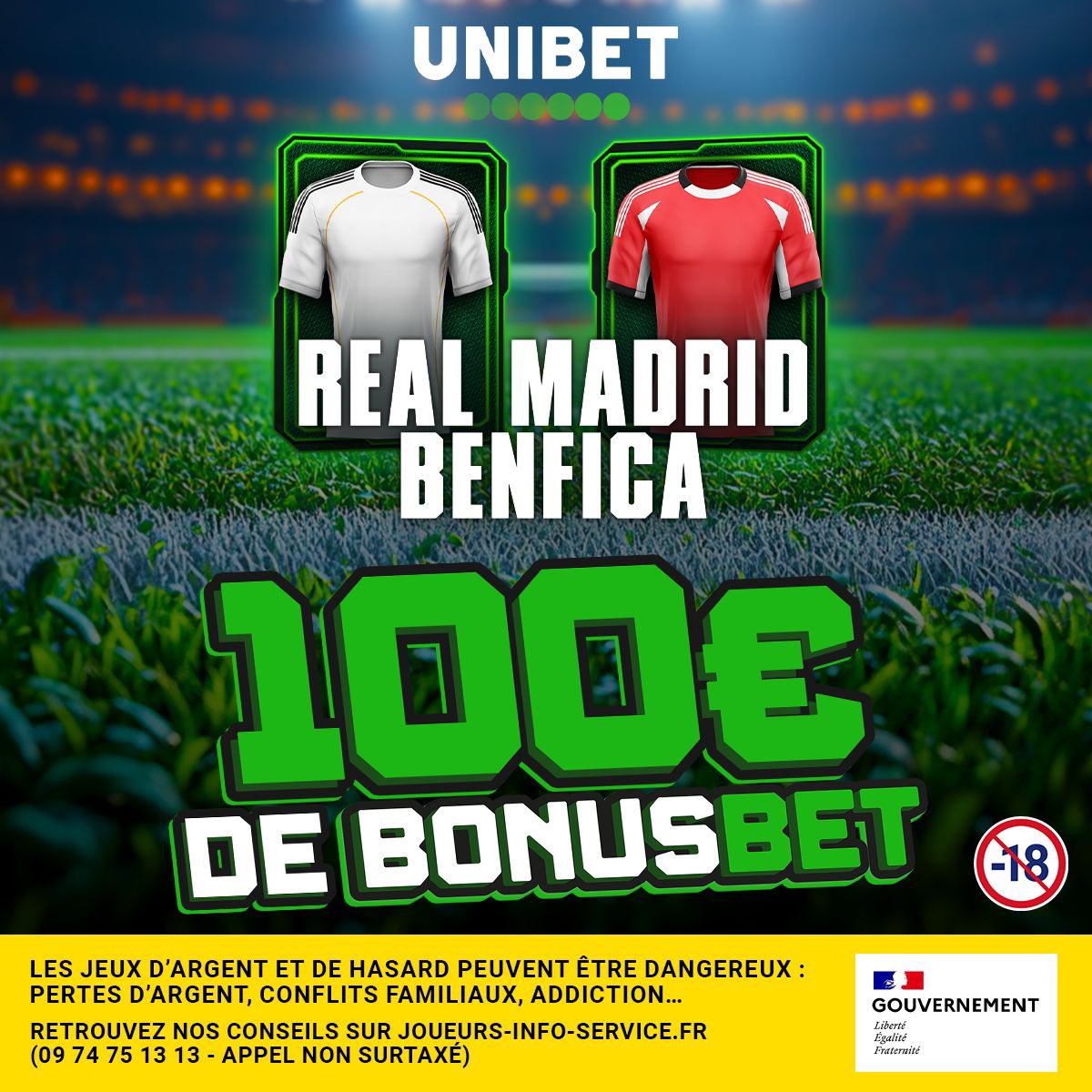 🔥 Pour Real Madrid vs Benfica avec <a href="/UnibetFrance/">Unibet France 🔞</a>, on vous fait gagner 100€ de BonusBet (10x10€) 🤩

Pour participer :

1️⃣ Follow <a href="/thiagopronos/">Thiago Pronos 🔞</a> 
2️⃣ Like ♥️ + RT 🔁
3️⃣ Pronostique le score du match (ex: REAL 2-1 BEN)

#TeamParieur
