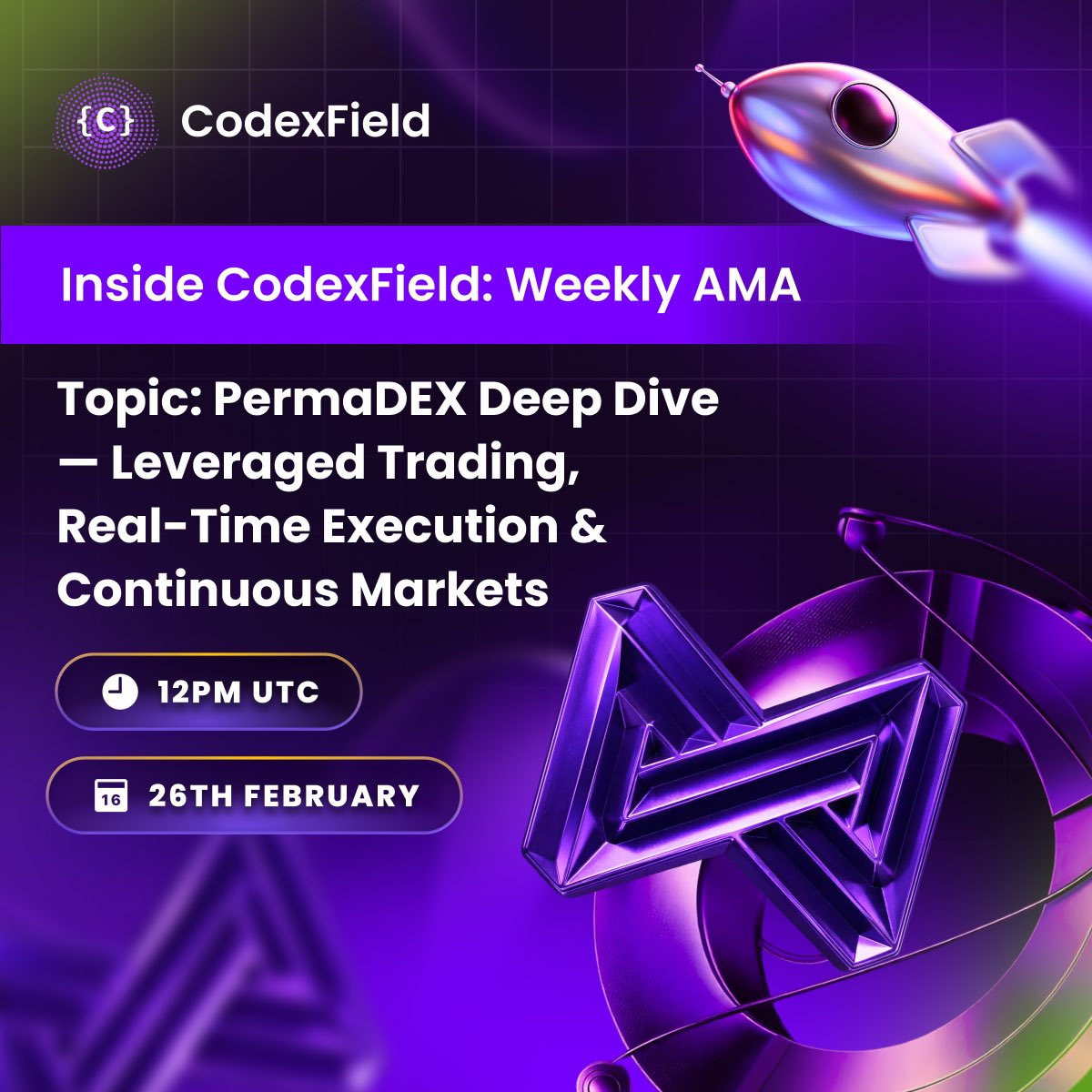 🎙️ Inside CodexField: Weekly AMA

This week, we’re diving into PermaDEX — leveraged trading, real-time execution, and continuous markets.

⚙️ How perpetuals work
📊 Market vs limit order strategy
📈 Smart leverage management
🔄 Real-time position updates
🌍 Connecting to live
