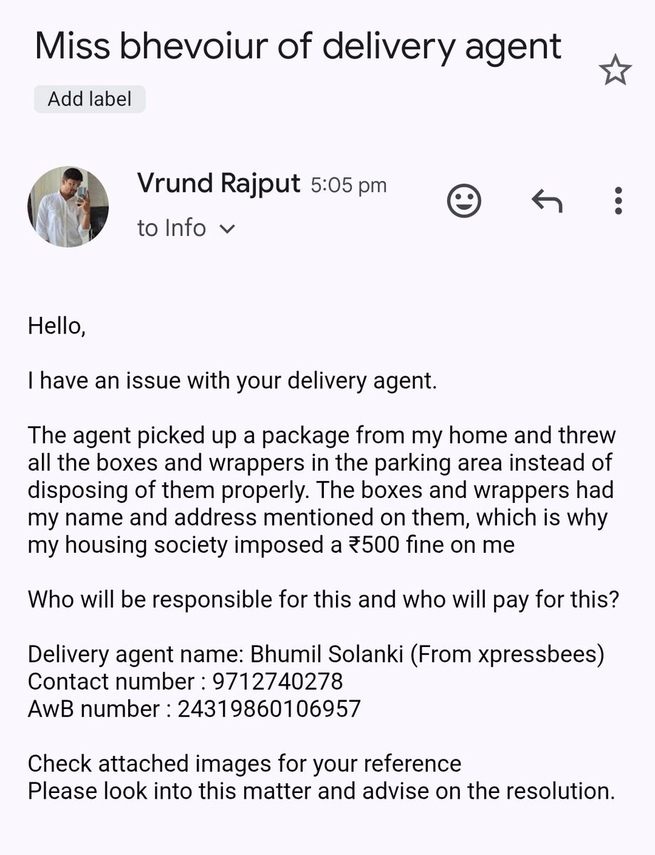 Vrundkumar's tweet photo. @XpressBees_IN  @Asianfootwears 
I have an issue with your delivery agent.
The agent picked up a package from my home and threw all the boxes and wrappers in the parking area instead of disposing of them properly. Because of this, my housing society imposed a ₹500 fine on me. https://t.co/KYVrfKrewX